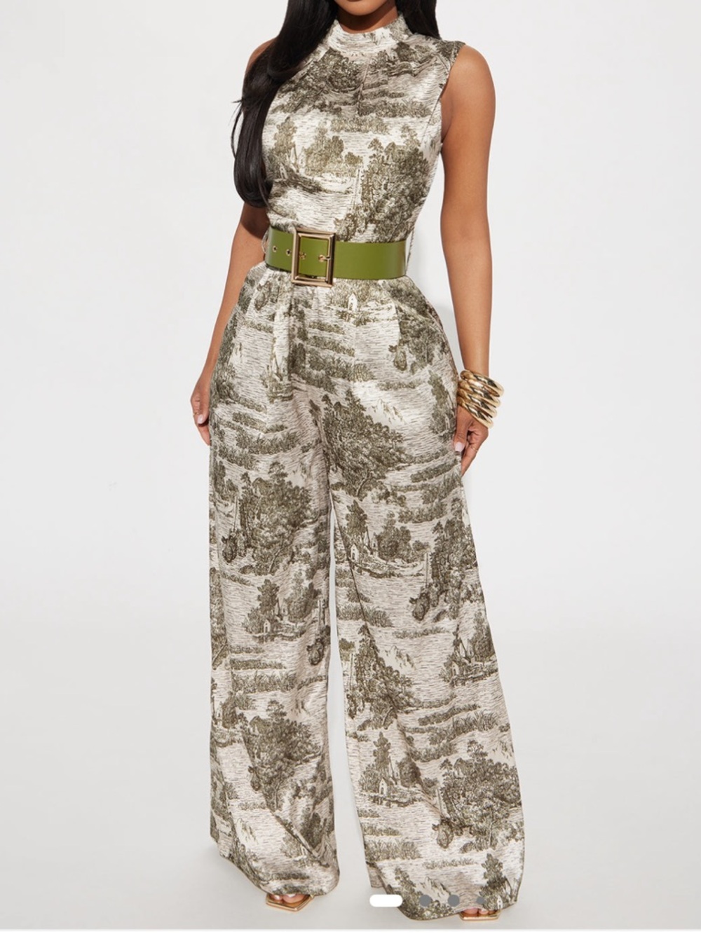 Fashion Nova Olive & Cream Toile Belted Satin Jumpsuit